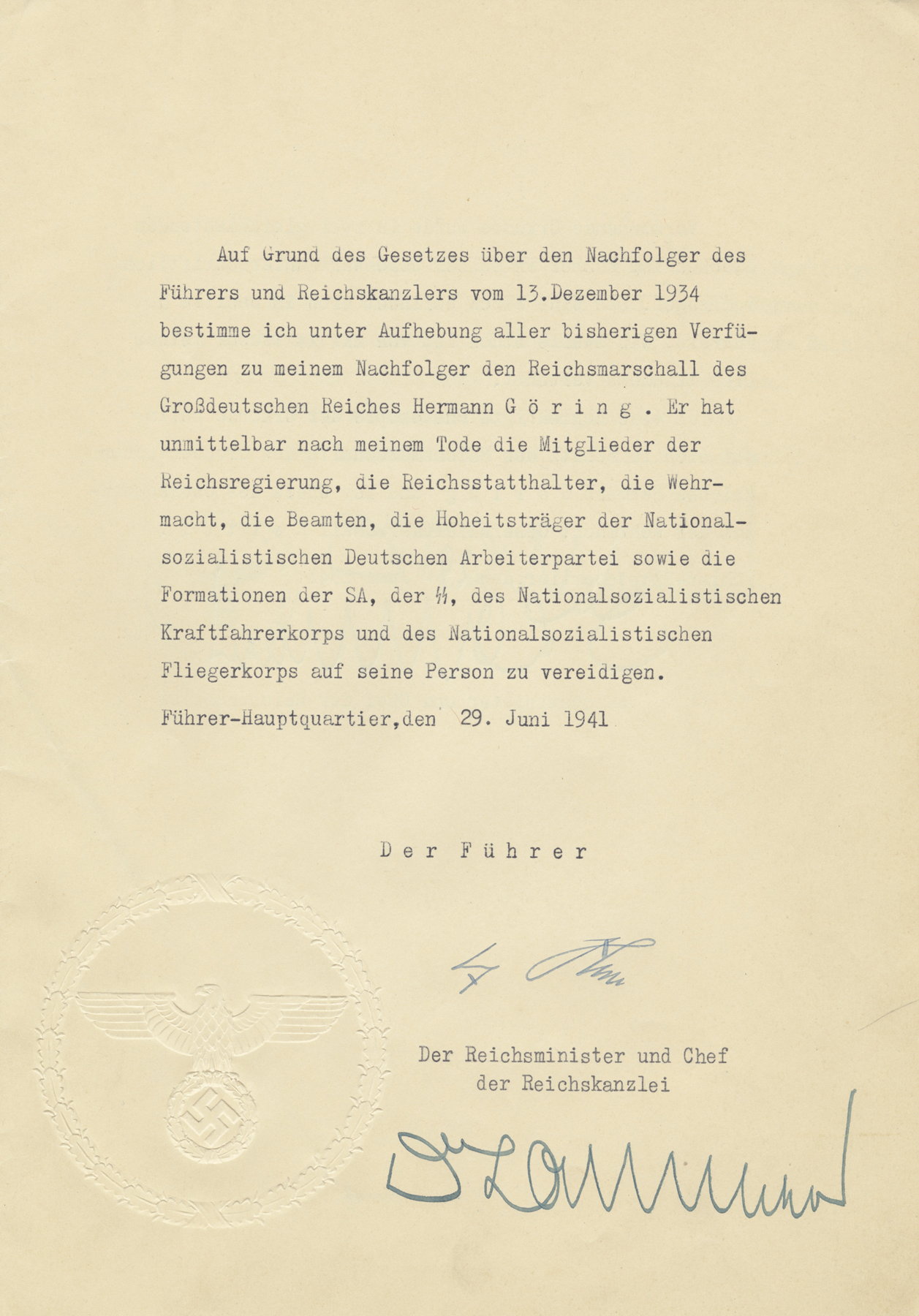 Adolf Hitler names Hermann Göring as his successor in case of his death